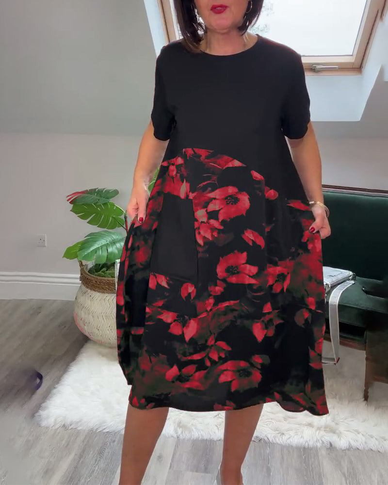 Patchworkjurk met Bloemenprint – Elegante Damesjurk met Ronde Halslijn