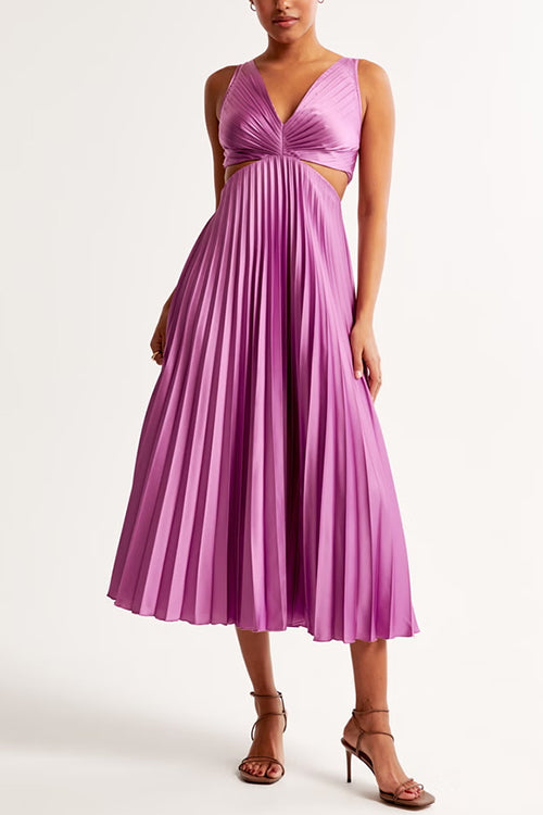 Elegante dames jurk – maxi jurk met V-hals, plissé rok en cut-out taille