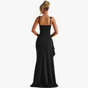 Loravelle zwarte satijnen maxi-jurk – elegante avondjurk met hoge split