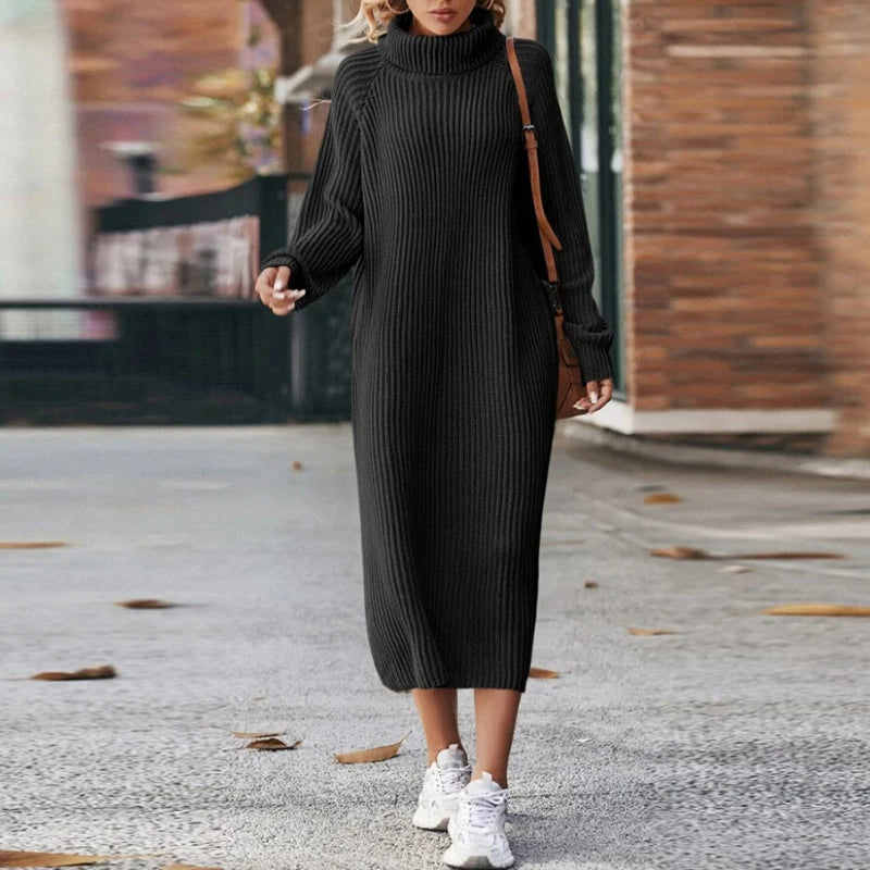 Gebreide Midi-Jurk Dames – Jurk met Col, Lange Mouwen en Elegante Pasvorm