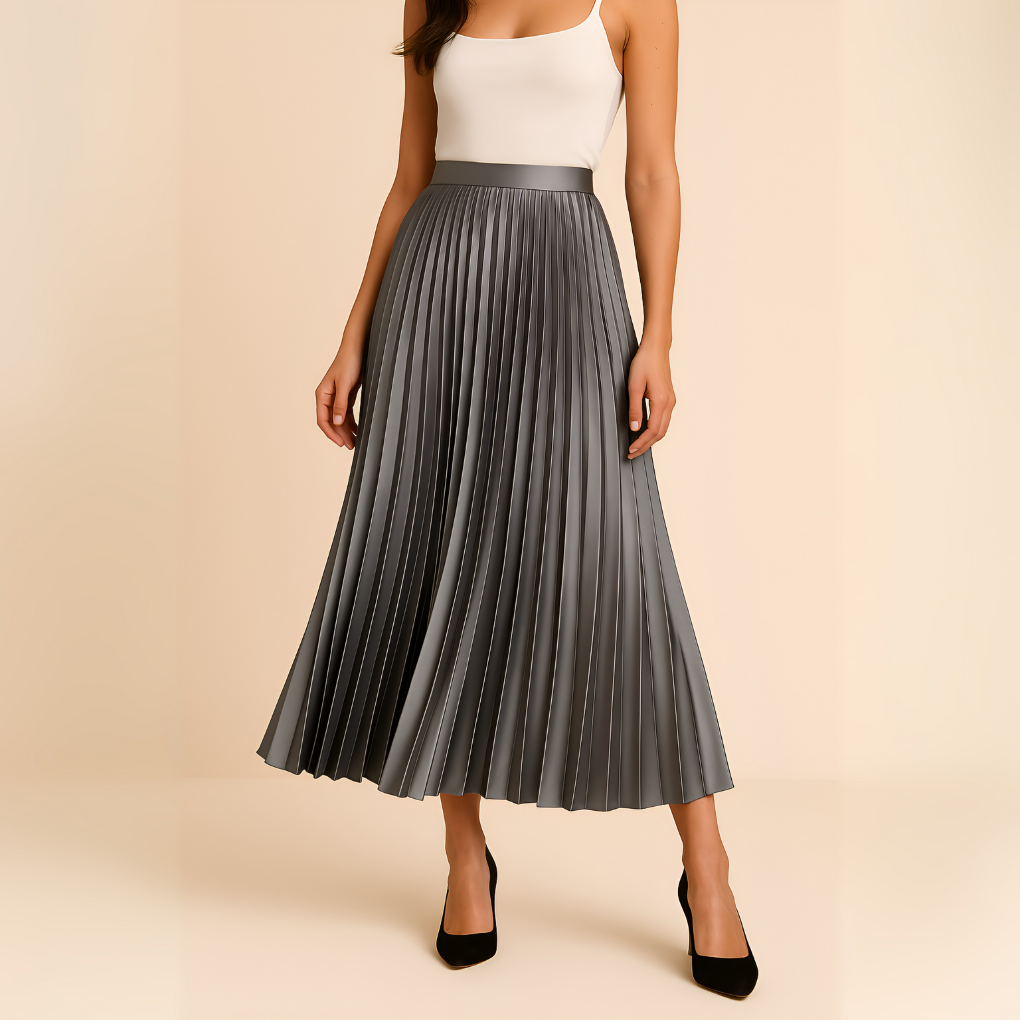 Elva satijnen plooirok – hoge taille midi-rok met elegante glans