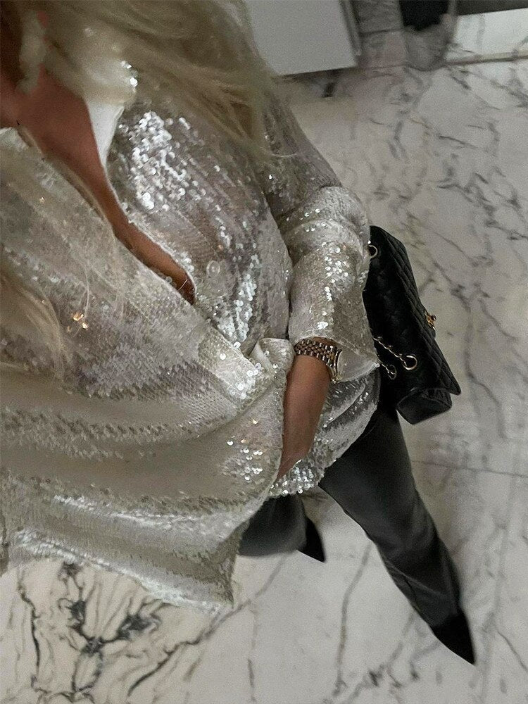 Oversized blouse dames – trendy glitter blouse met losse pasvorm | GlitteryDress