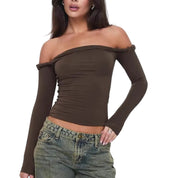 Natalia dames top – off-shoulder met lange mouwen & plooidetail