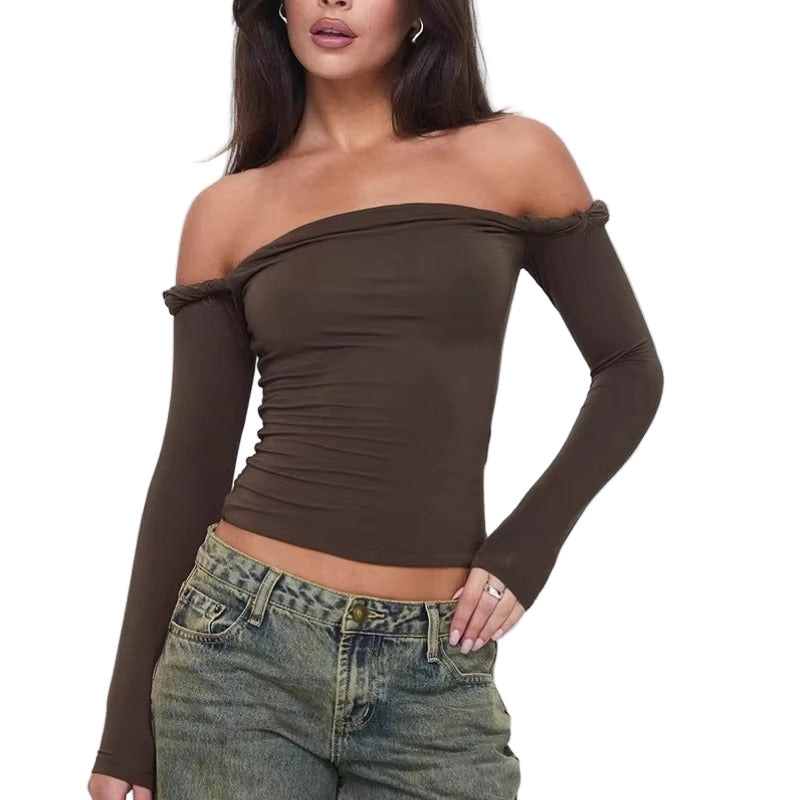 Natalia dames top – off-shoulder met lange mouwen & plooidetail