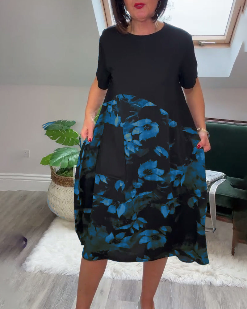 Patchworkjurk met Bloemenprint – Elegante Damesjurk met Ronde Halslijn