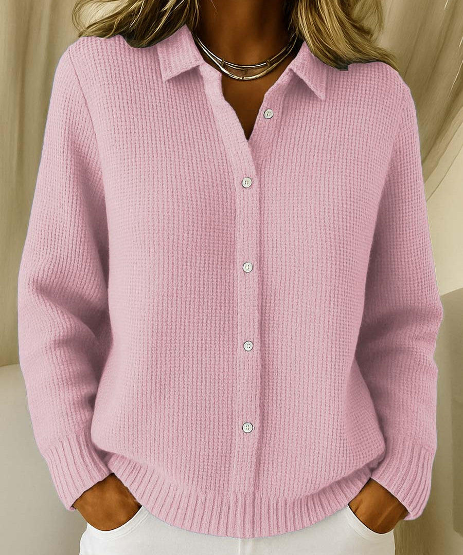 Klassieke gebreide cardigan dames – kraagvest met knopen en elegante pasvorm