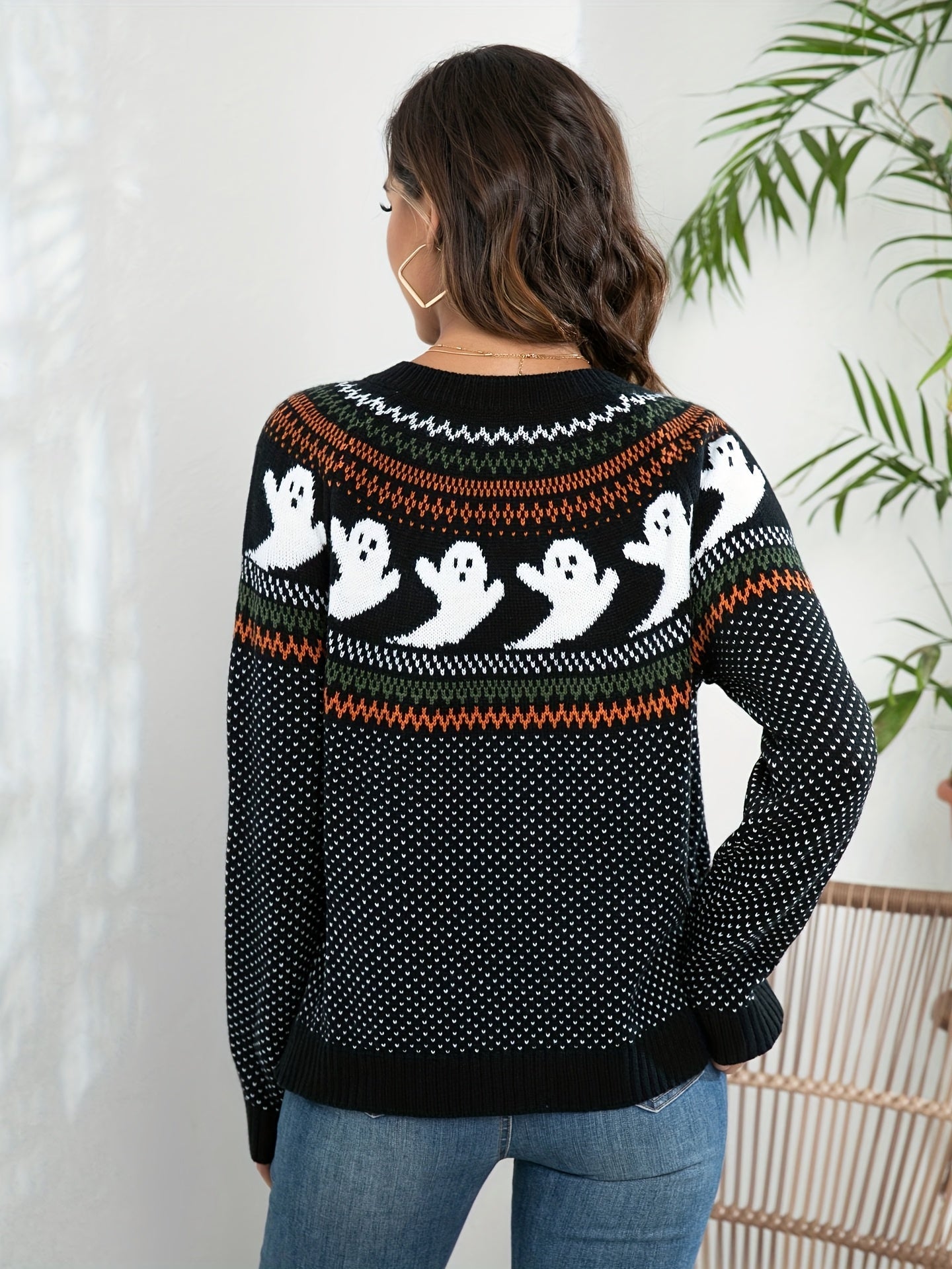 Lang Gebreid Vest Dames – Halloween Vest met Knopen en Spookjesprint