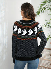 Lang Gebreid Vest Dames – Halloween Vest met Knopen en Spookjesprint