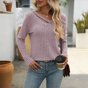 Effen Casual Damesblouse – V-Hals Blouse met Knoopdetails en Lange Mouwen