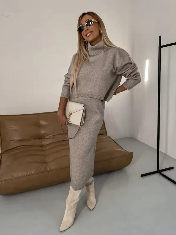 Solange dames set – elegante midi-jurk met bijpassende coltrui voor herfst en winter