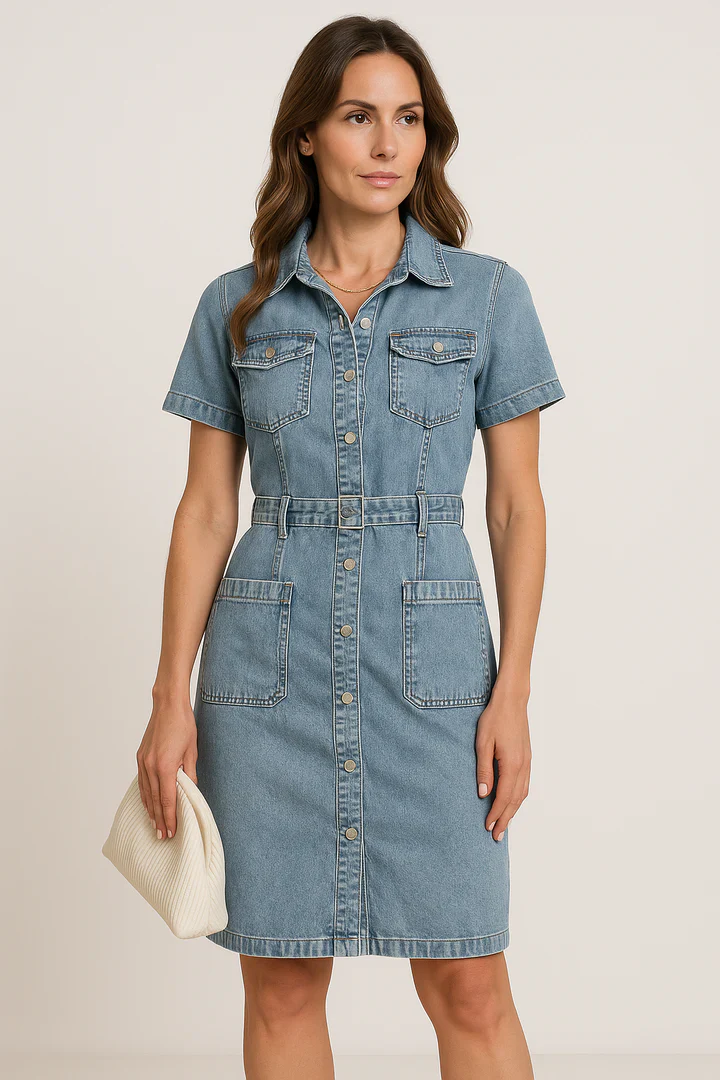 Eva blauwe denim jurk met knoopsluiting en korte mouwen – stoer & vrouwelijk