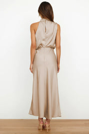 Amelie satijnen halterjurk dames – elegante midi-jurk met watervalhals