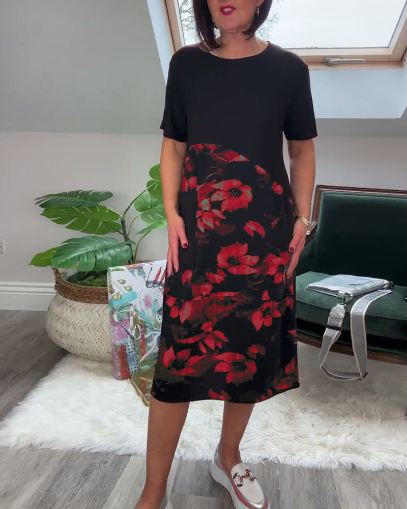 Patchworkjurk met Bloemenprint – Elegante Damesjurk met Ronde Halslijn