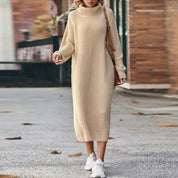 Gebreide Midi-Jurk Dames – Jurk met Col, Lange Mouwen en Elegante Pasvorm