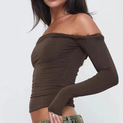Natalia dames top – off-shoulder met lange mouwen & plooidetail