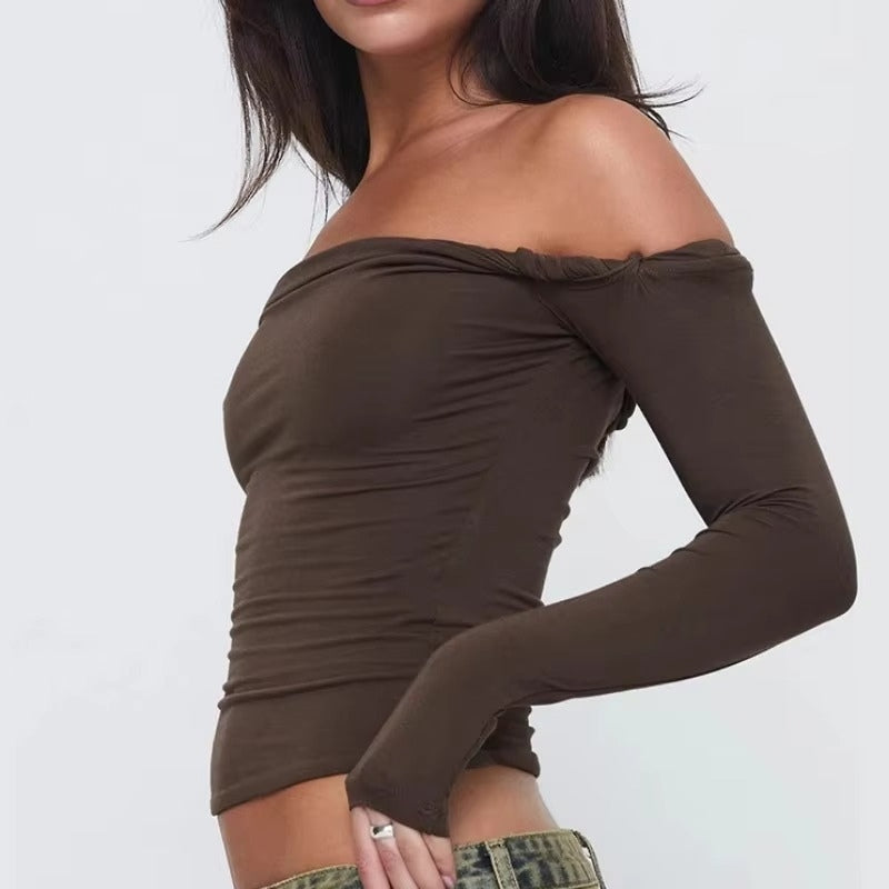 Natalia dames top – off-shoulder met lange mouwen & plooidetail