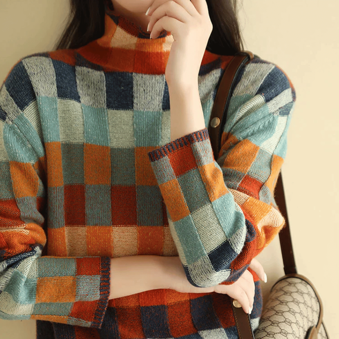 Kayleigh dames trui – luxe cashmere coltrui met patchwork design