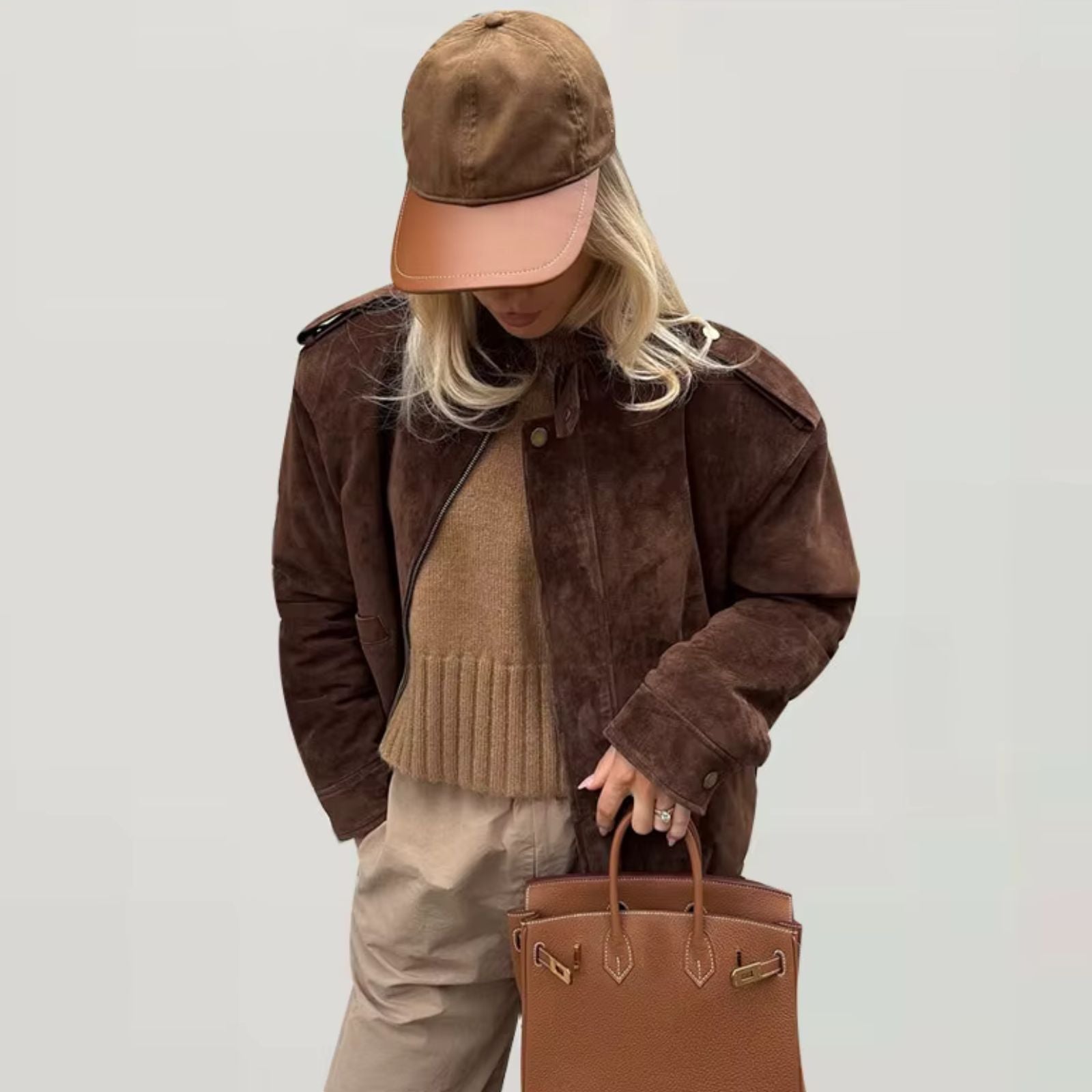 Oversized suède dames winterjas – beige lichtgewicht jas met luxe uitstraling