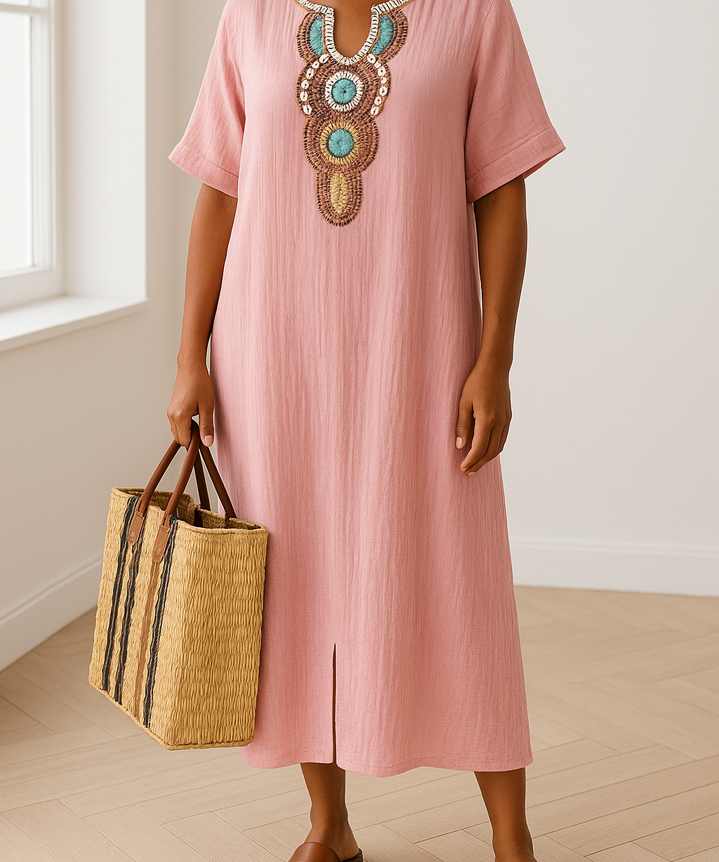 Eshun dames maxi-jurk | Comfortabele kaftan jurk met split | Katoen-linnen mix