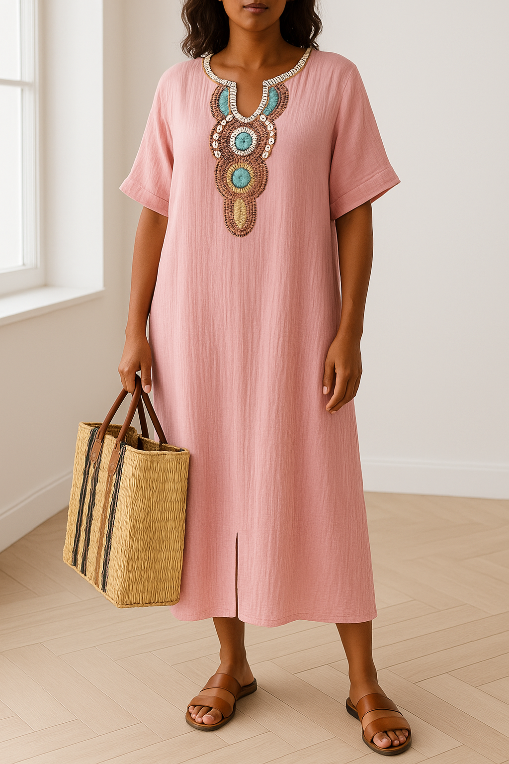 Eshun dames maxi-jurk | Comfortabele kaftan jurk met split | Katoen-linnen mix