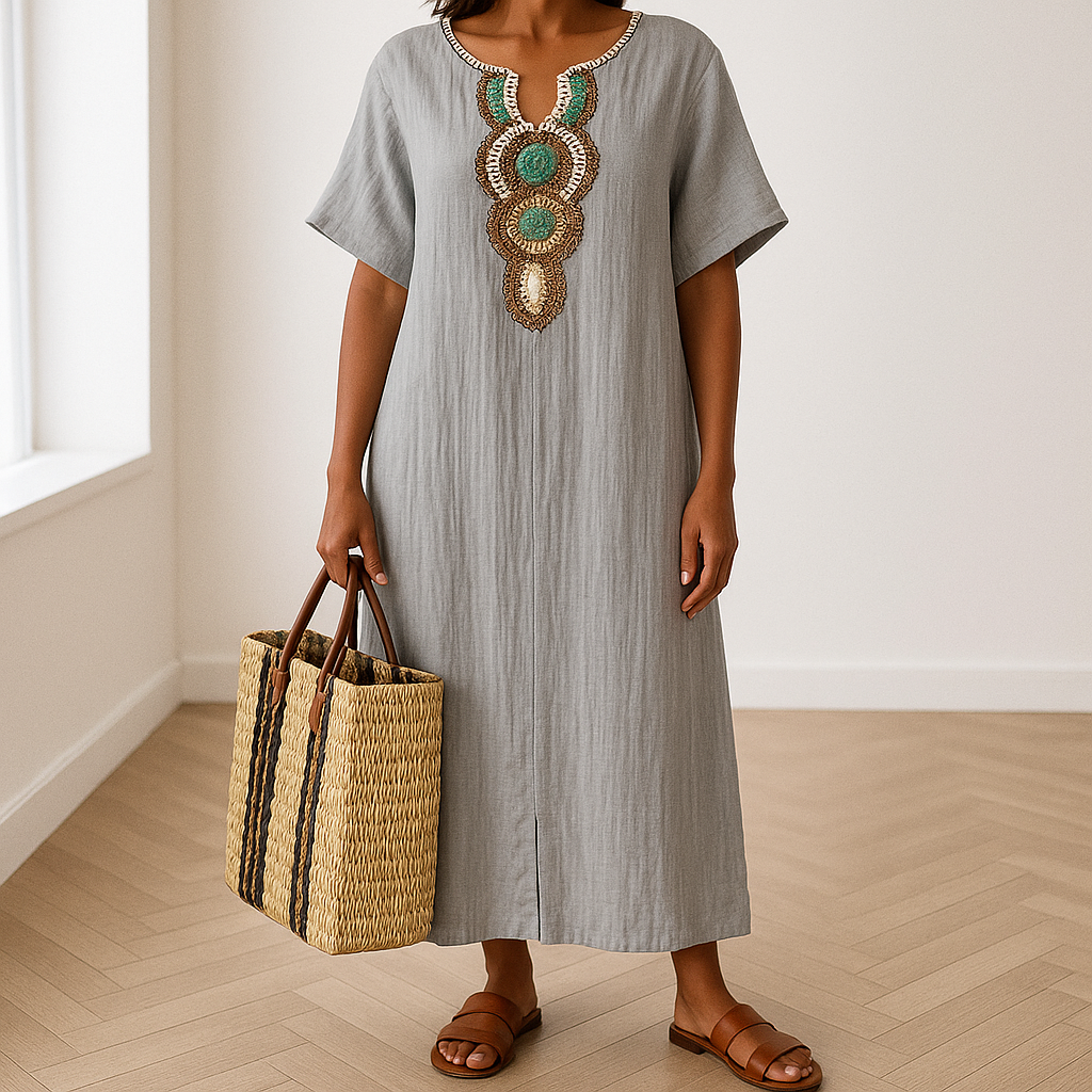 Eshun dames maxi-jurk | Comfortabele kaftan jurk met split | Katoen-linnen mix