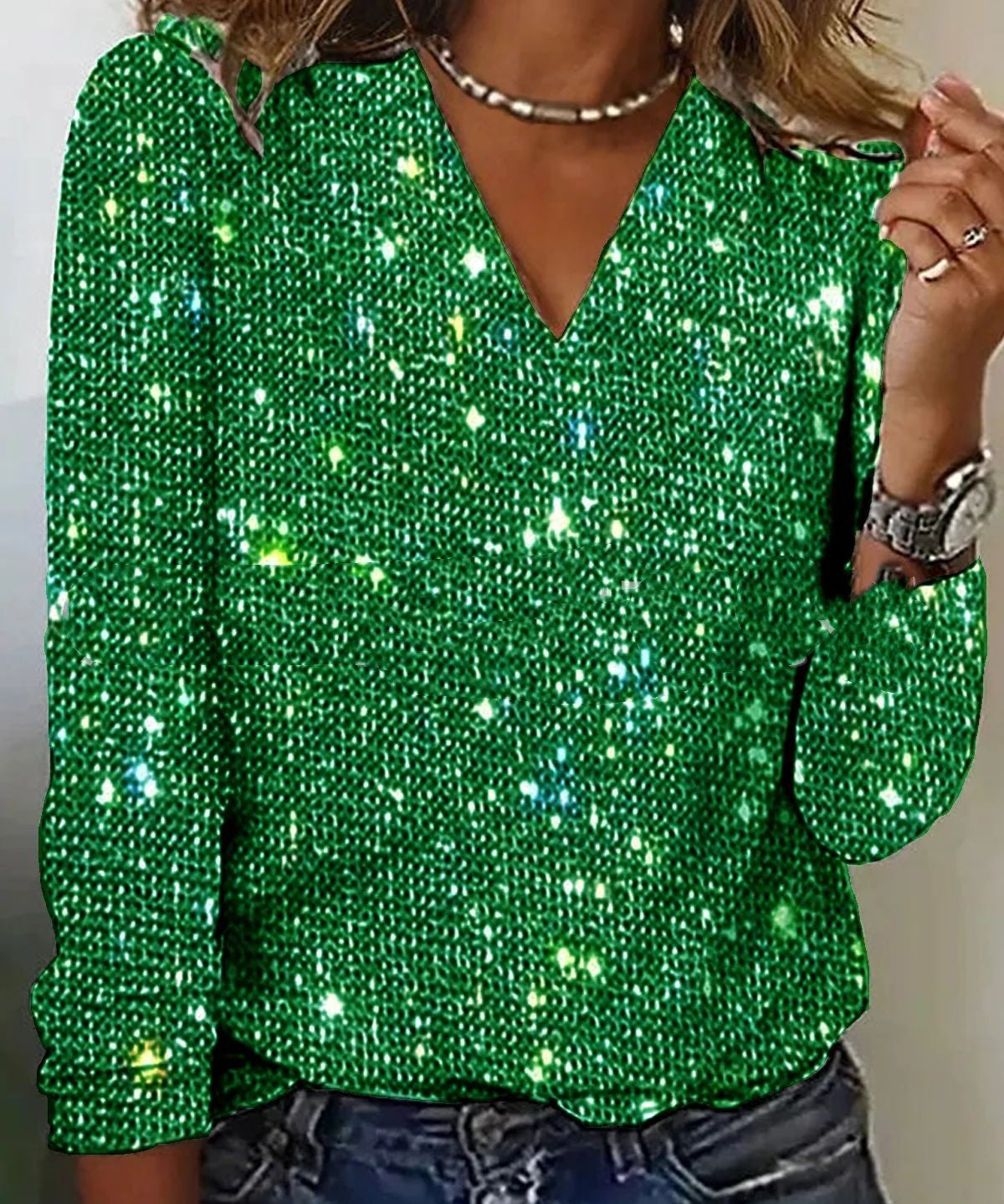Dames Glitter V-Hals Blouse – Trendy Lange Mouwen Top voor Lente & Zomer | Caroline