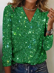 Dames Glitter V-Hals Blouse – Trendy Lange Mouwen Top voor Lente & Zomer | Caroline