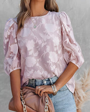 Blouse met Pofmouwen Dames – Witte Chiffon Top met Bloemen & Ronde Hals | Fiona