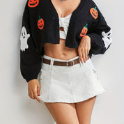 Halloween Vest Dames – Gebreid V-Hals Vest met Geborduurde Motieven
