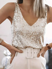 Dames glitter top – elegante pailletten V-hals top voor feest en avondlook