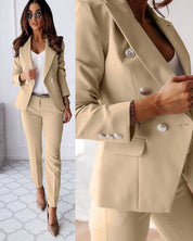 Dames double-breasted pak – elegant broekpak met metallic knopen en tailored fit