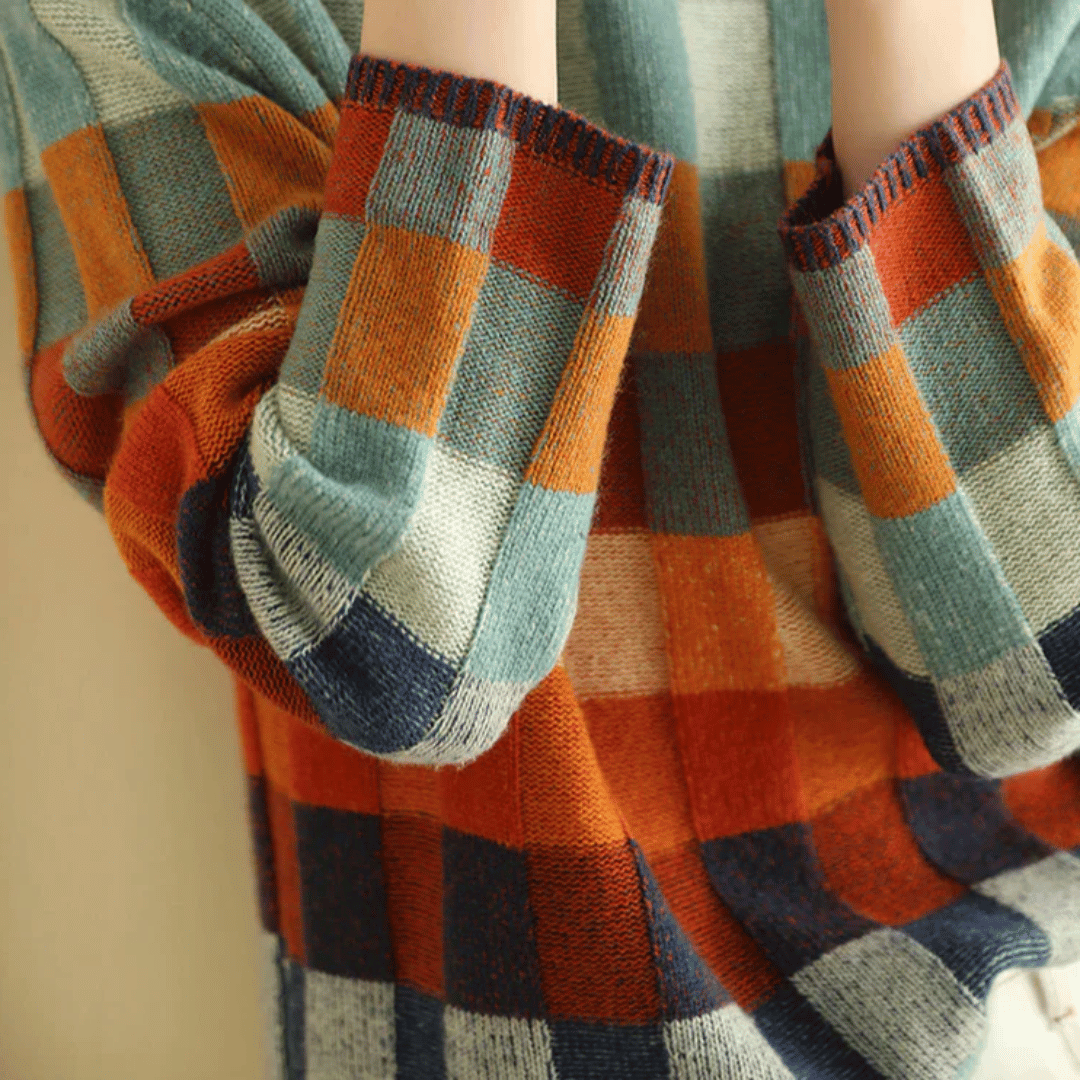 Kayleigh dames trui – luxe cashmere coltrui met patchwork design