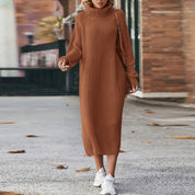 Gebreide Midi-Jurk Dames – Jurk met Col, Lange Mouwen en Elegante Pasvorm
