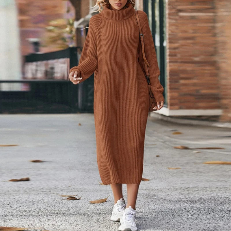 Gebreide Midi-Jurk Dames – Jurk met Col, Lange Mouwen en Elegante Pasvorm