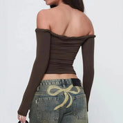 Natalia dames top – off-shoulder met lange mouwen & plooidetail