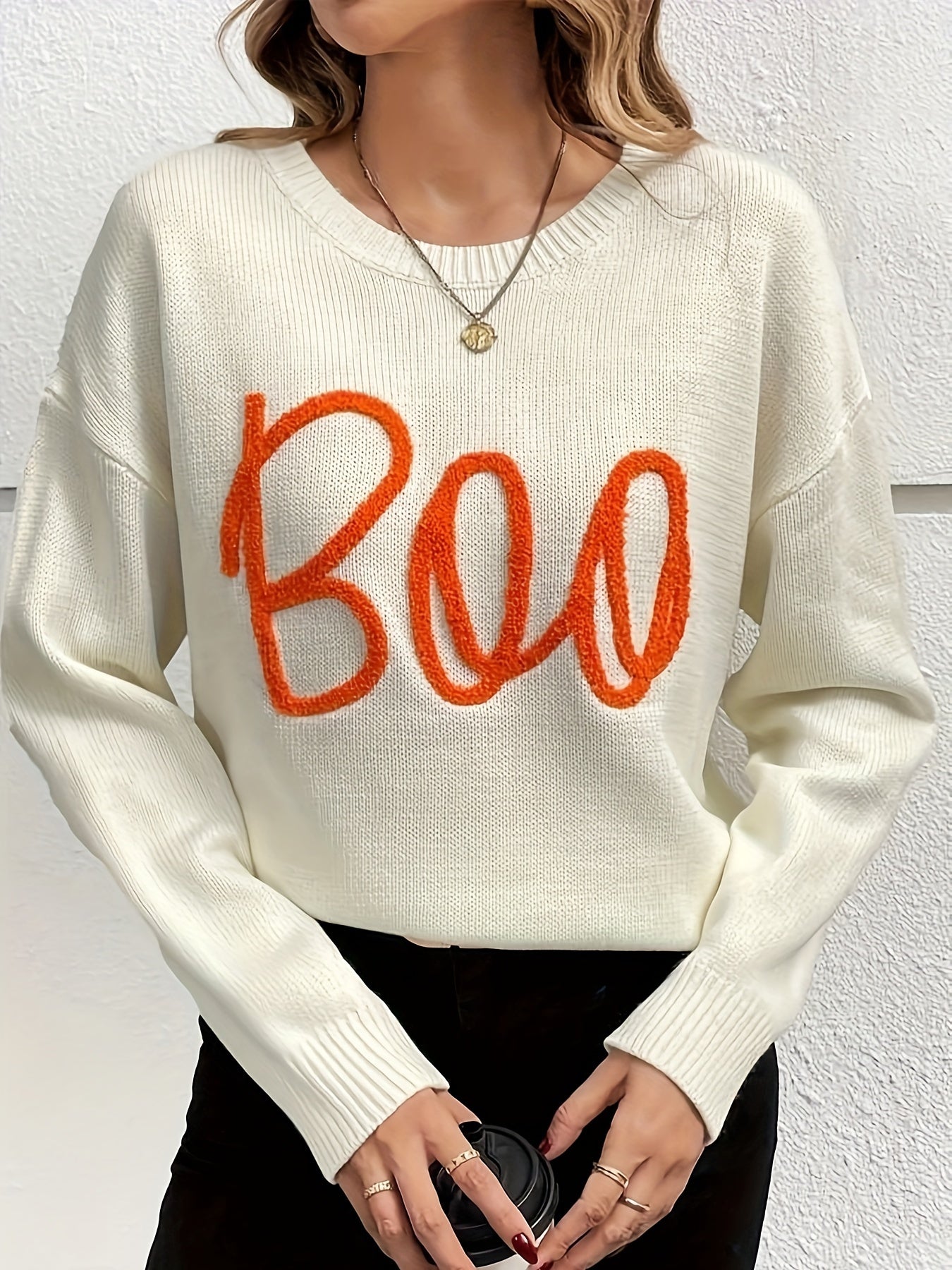 Halloween Trui Dames – Casual Gebreide Trui met ‘Boo’ Tekst