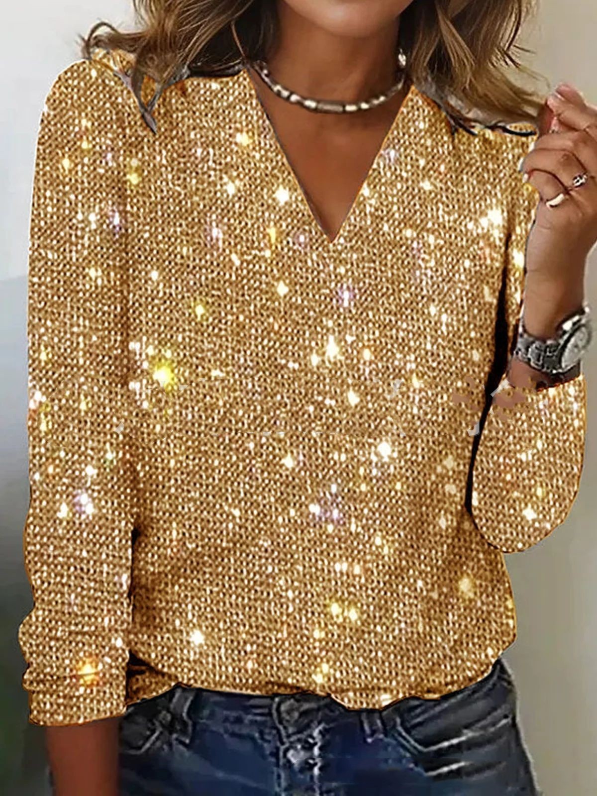 Dames Glitter V-Hals Blouse – Trendy Lange Mouwen Top voor Lente & Zomer | Caroline