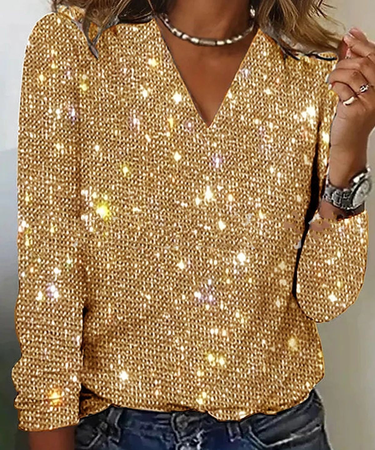 Dames Glitter V-Hals Blouse – Trendy Lange Mouwen Top voor Lente & Zomer | Caroline