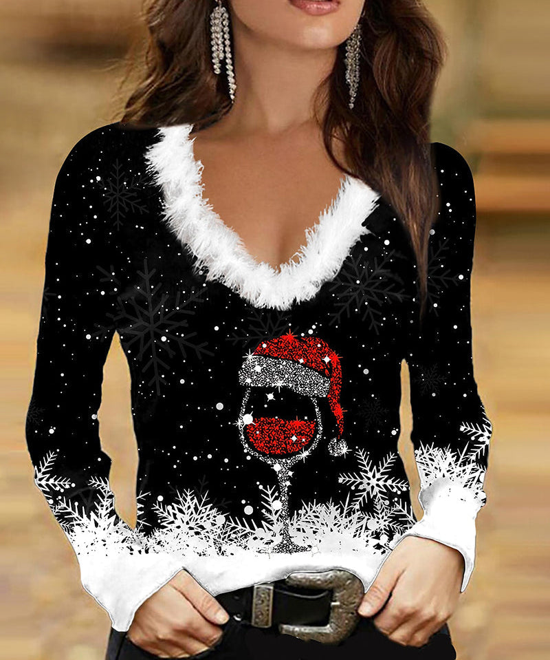 Mirelle kersttrui dames – V-hals trui met wijnglas print & fluffy kraag