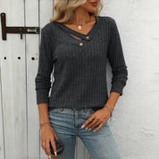 Effen Casual Damesblouse – V-Hals Blouse met Knoopdetails en Lange Mouwen