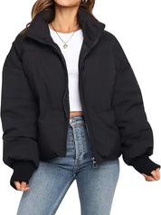 Roze puffer winterjas dames – gewatteerde jas met hoge kraag en comfortabele pasvorm