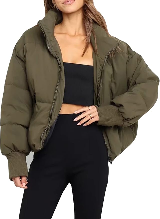 Roze puffer winterjas dames – gewatteerde jas met hoge kraag en comfortabele pasvorm
