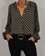 VADA dames blouse – geometrisch patroon met V-hals & lange mouwen