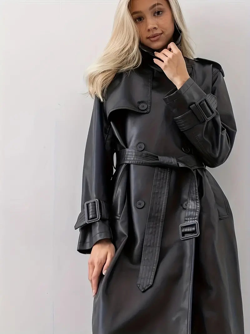 Dames Leren Trenchcoat – Lang Model met Dubbelzijdige Sluiting, Tailleriem & Brede Revers