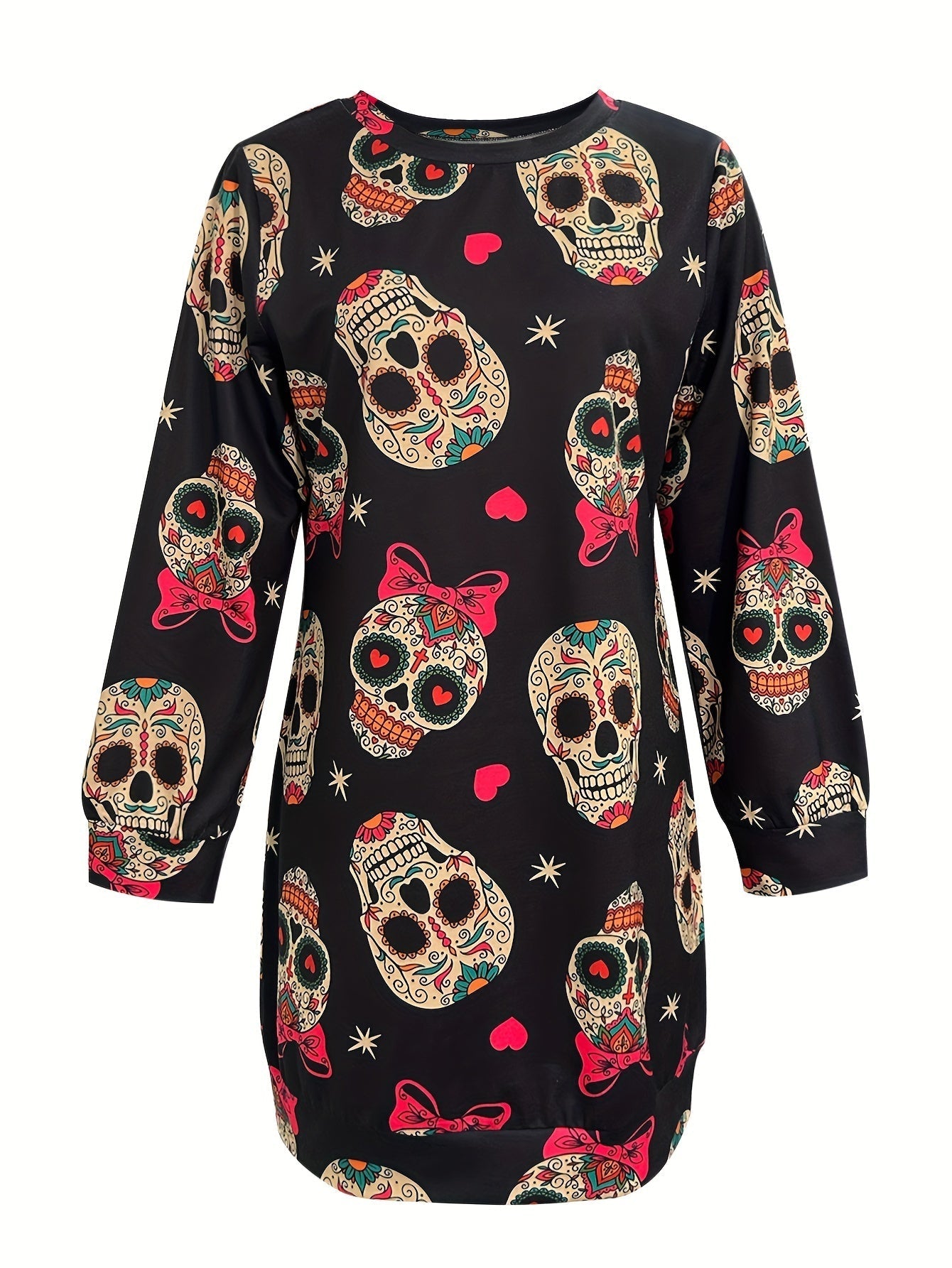 Mini Jurk Dames – Gebreide Jurk met Digitale Print en Lange Mouwen