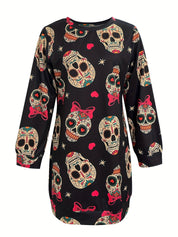 Mini Jurk Dames – Gebreide Jurk met Digitale Print en Lange Mouwen