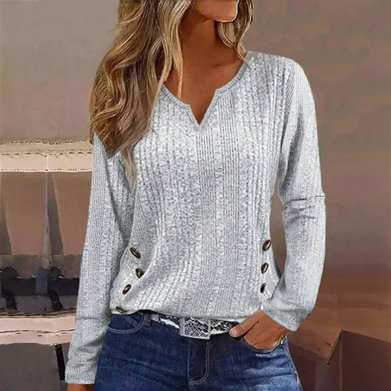 Vintage Casual Damesblouse – V-Hals Blouse met Lange Mouwen en Knoopdetails