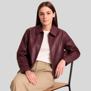 IKKY dames leren jas – relaxed fit jasje met ritssluiting & moderne kraag