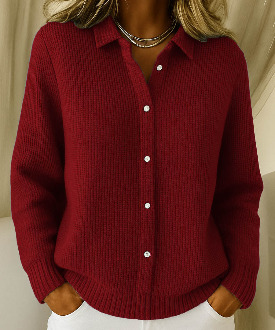 Klassieke gebreide cardigan dames – kraagvest met knopen en elegante pasvorm