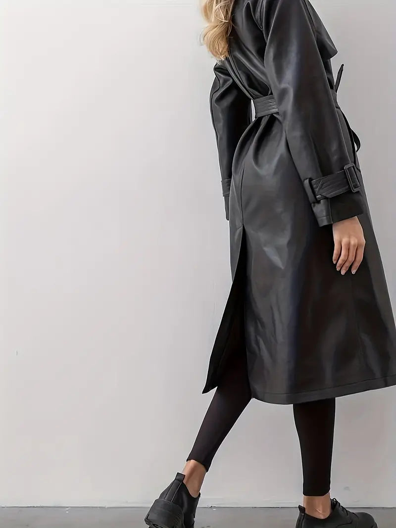 Dames Leren Trenchcoat – Lang Model met Dubbelzijdige Sluiting, Tailleriem & Brede Revers